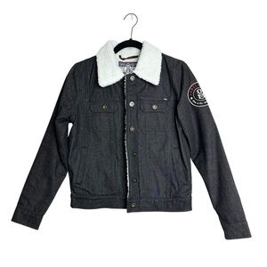 Rebel Eight Womens Black Denim Jacket with White Collar and Buffalo Plaid